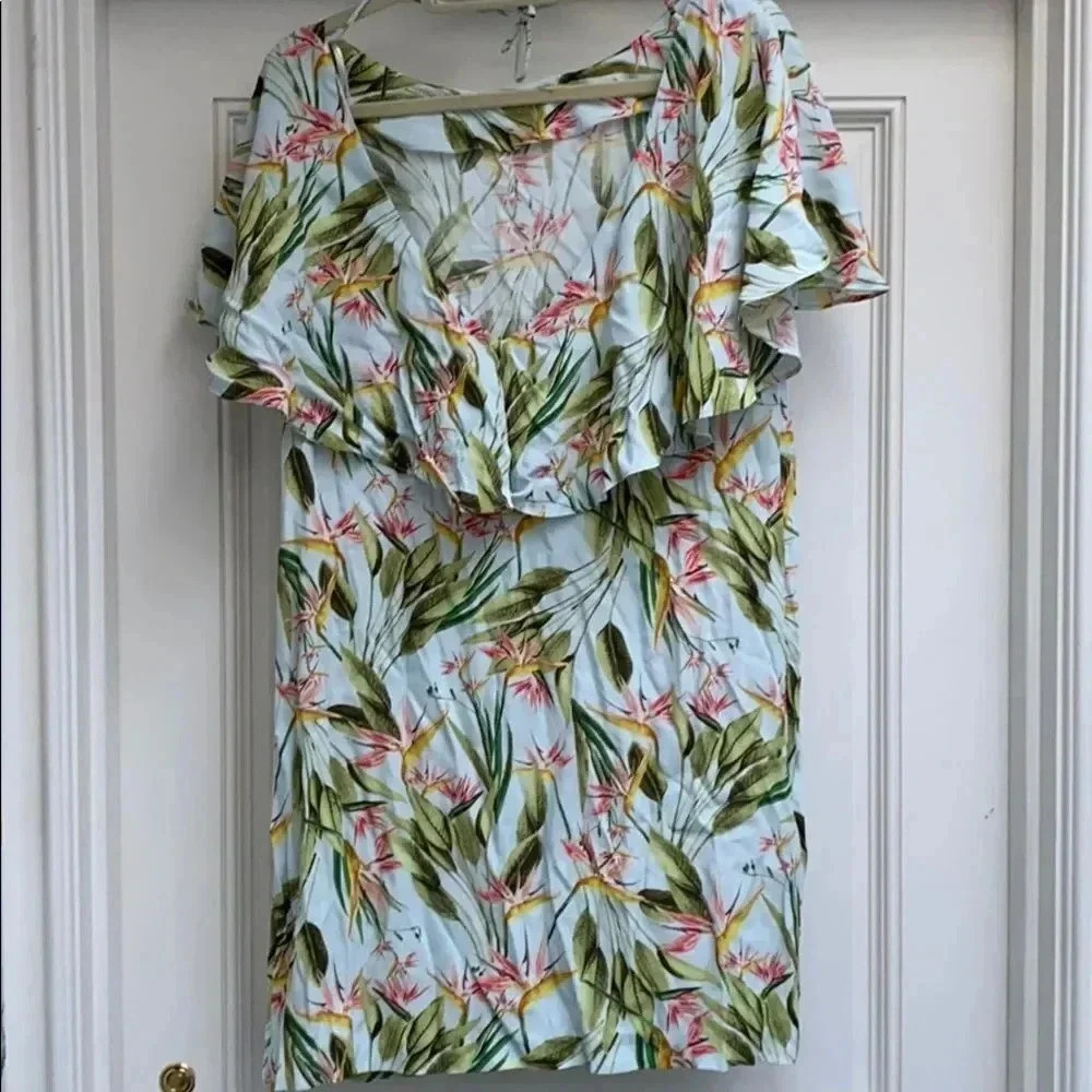 Zara Tropical Jungle Floral Print Ruffle Short Sleeve Low Back Mini Dress Size M - Picture 5 of 9